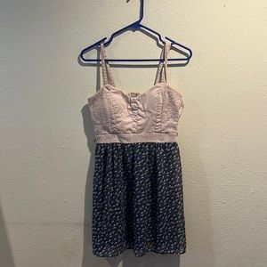 Tan and blue summer dress with colored spots on bottom